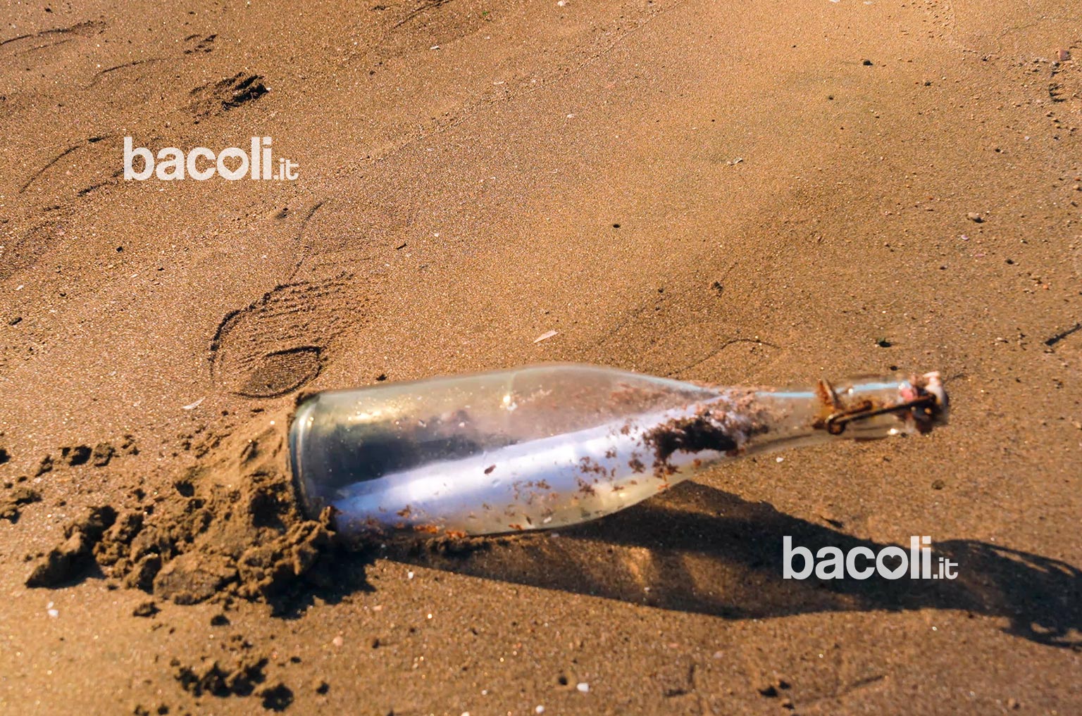 bottiglia sul bagnasciuga della spiaggia di bacoli 